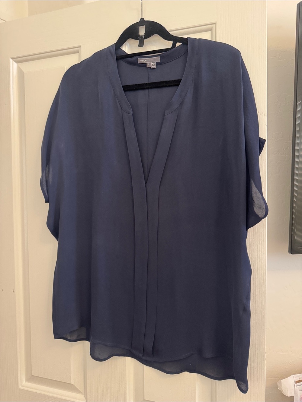Vince Navy Short-Sleeve V-Neck Blouse